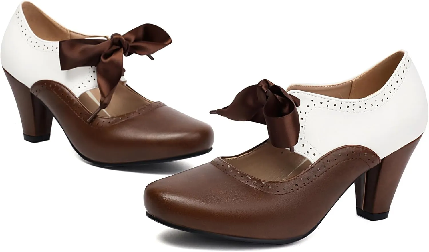 Elerhythm Women's Mary Jane 1920s Pump Heels Two Tone Classic and Retro Oxford Wingtip 1950s Vintage Round Closed Toe 1940s Lace Up Dress Shoes