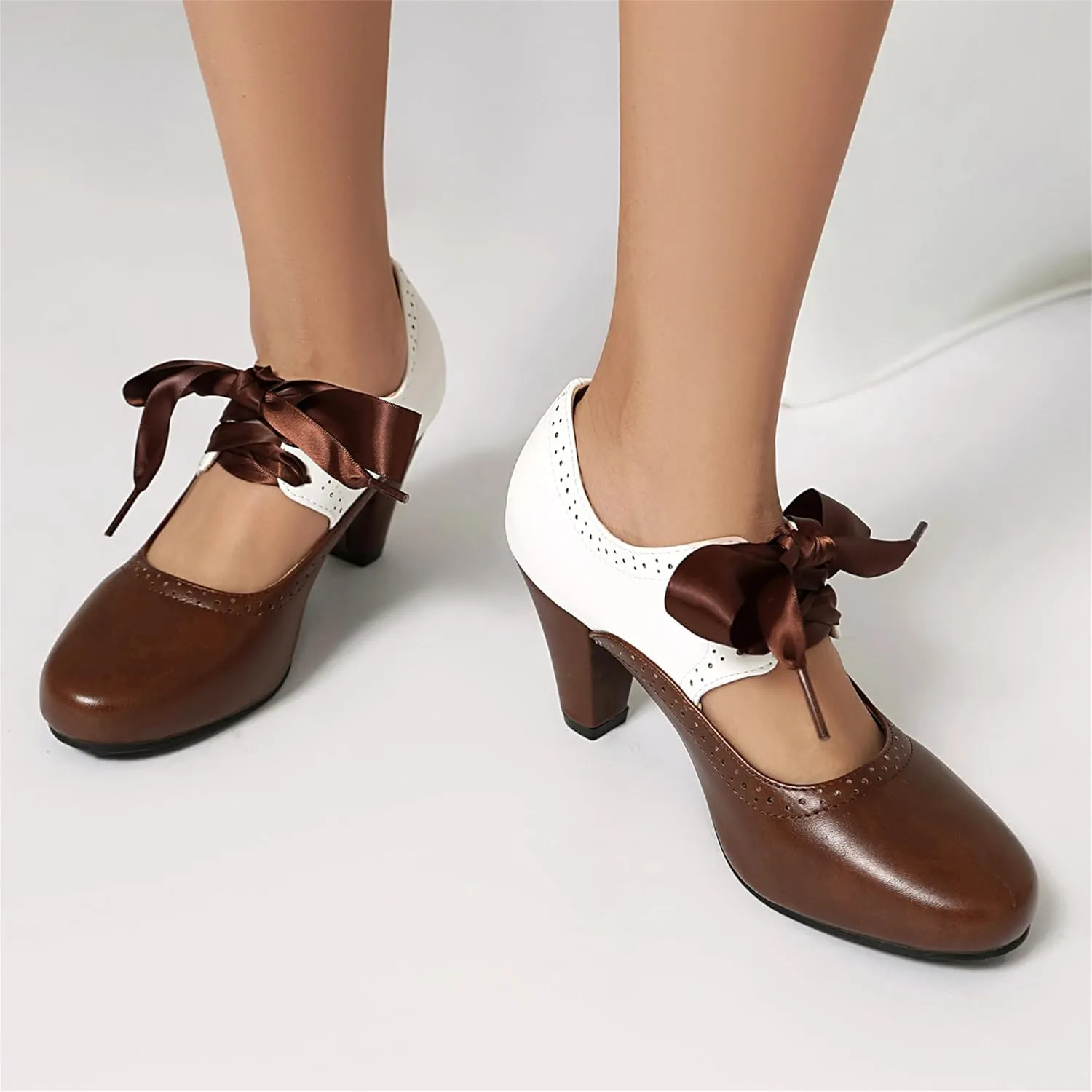 Elerhythm Women's Mary Jane 1920s Pump Heels Two Tone Classic and Retro Oxford Wingtip 1950s Vintage Round Closed Toe 1940s Lace Up Dress Shoes