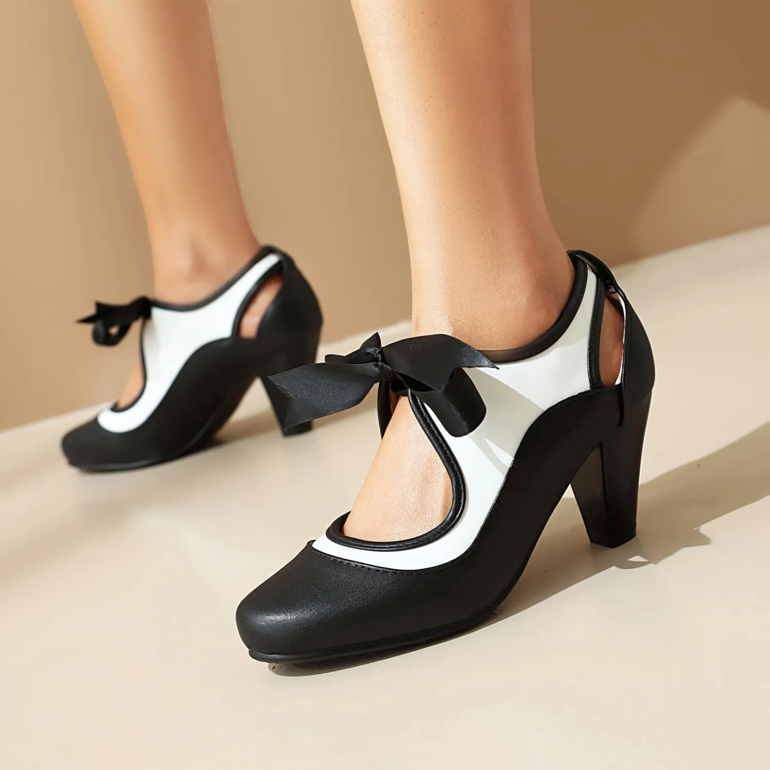 Elerhythm Women's Mary Jane Two Tone Lace Up Closed Round Toe Vintage Heels Gatsby 1950s Pumps 1920s Victorian Retro Shoes