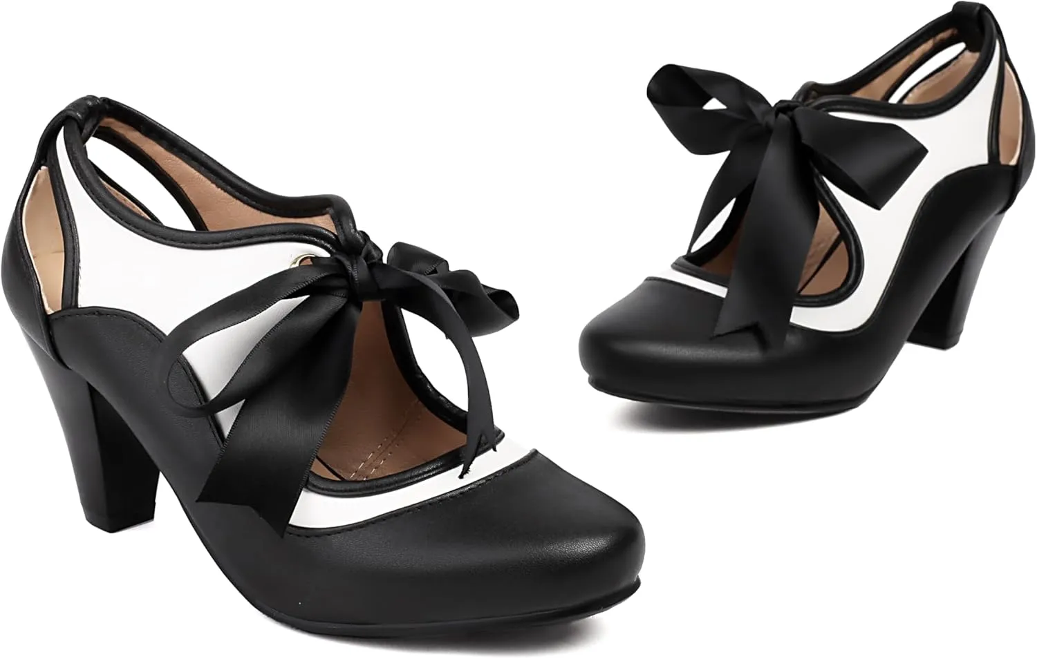 Elerhythm Women's Mary Jane Two Tone Lace Up Closed Round Toe Vintage Heels Gatsby 1950s Pumps 1920s Victorian Retro Shoes