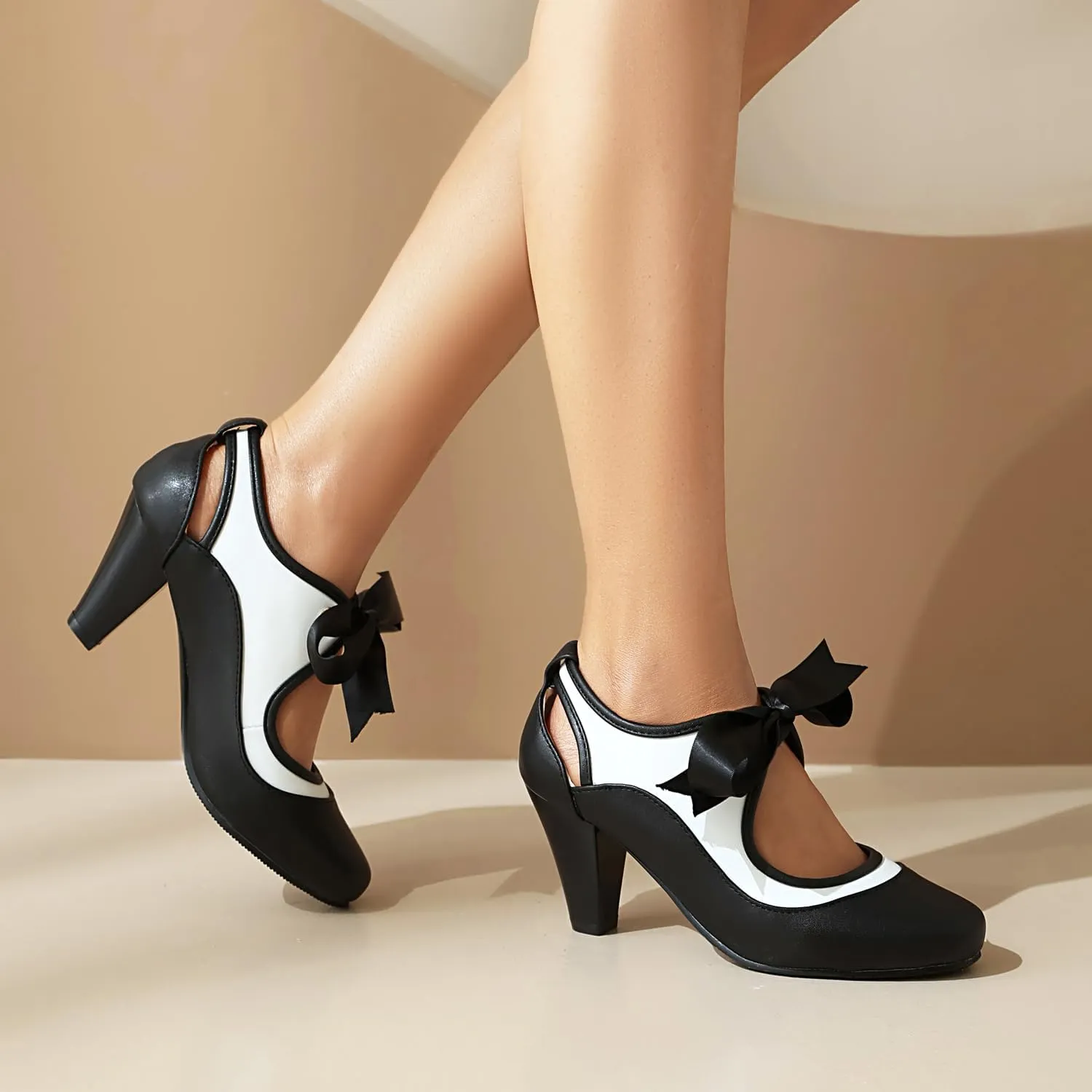 Elerhythm Women's Mary Jane Two Tone Lace Up Closed Round Toe Vintage Heels Gatsby 1950s Pumps 1920s Victorian Retro Shoes