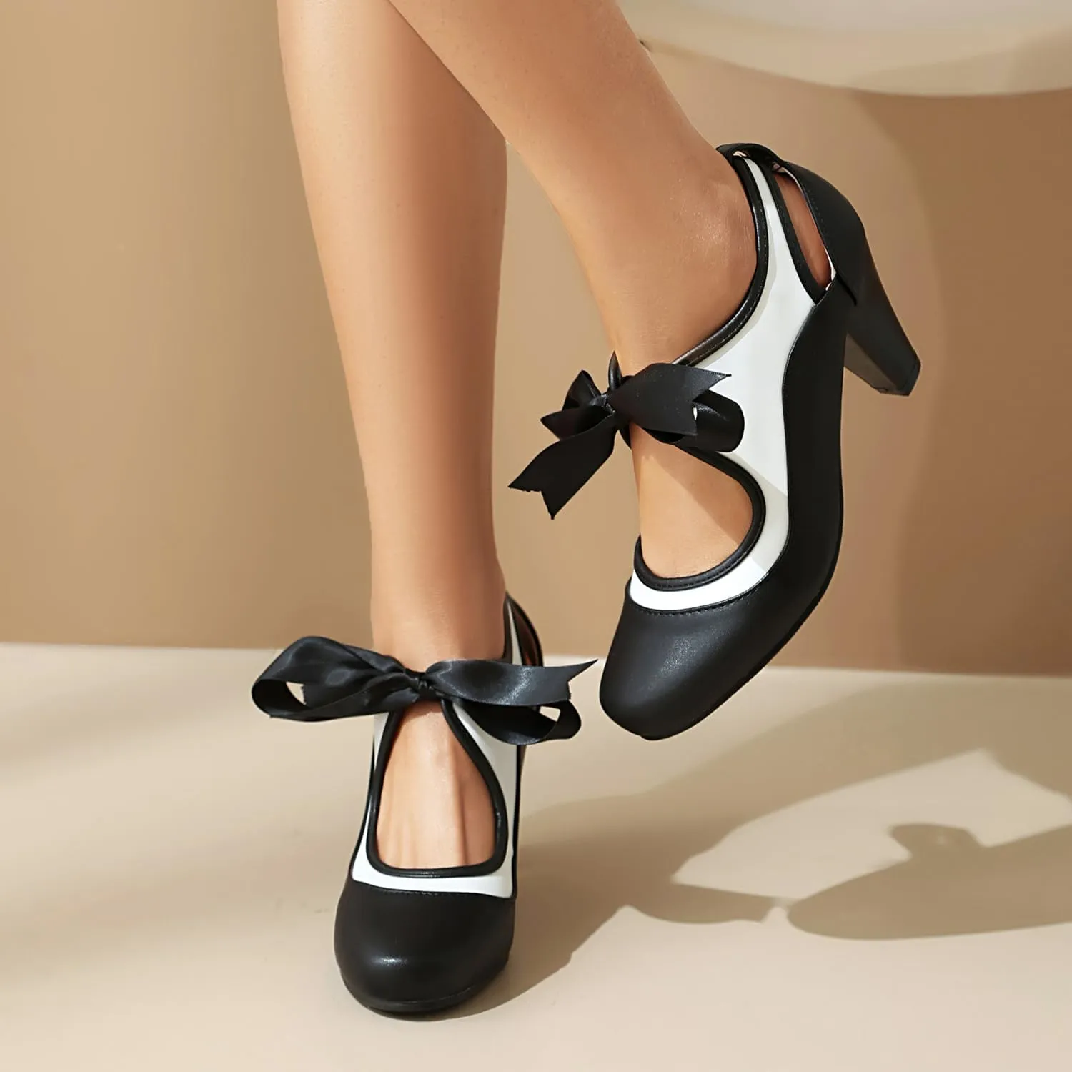 Elerhythm Women's Mary Jane Two Tone Lace Up Closed Round Toe Vintage Heels Gatsby 1950s Pumps 1920s Victorian Retro Shoes