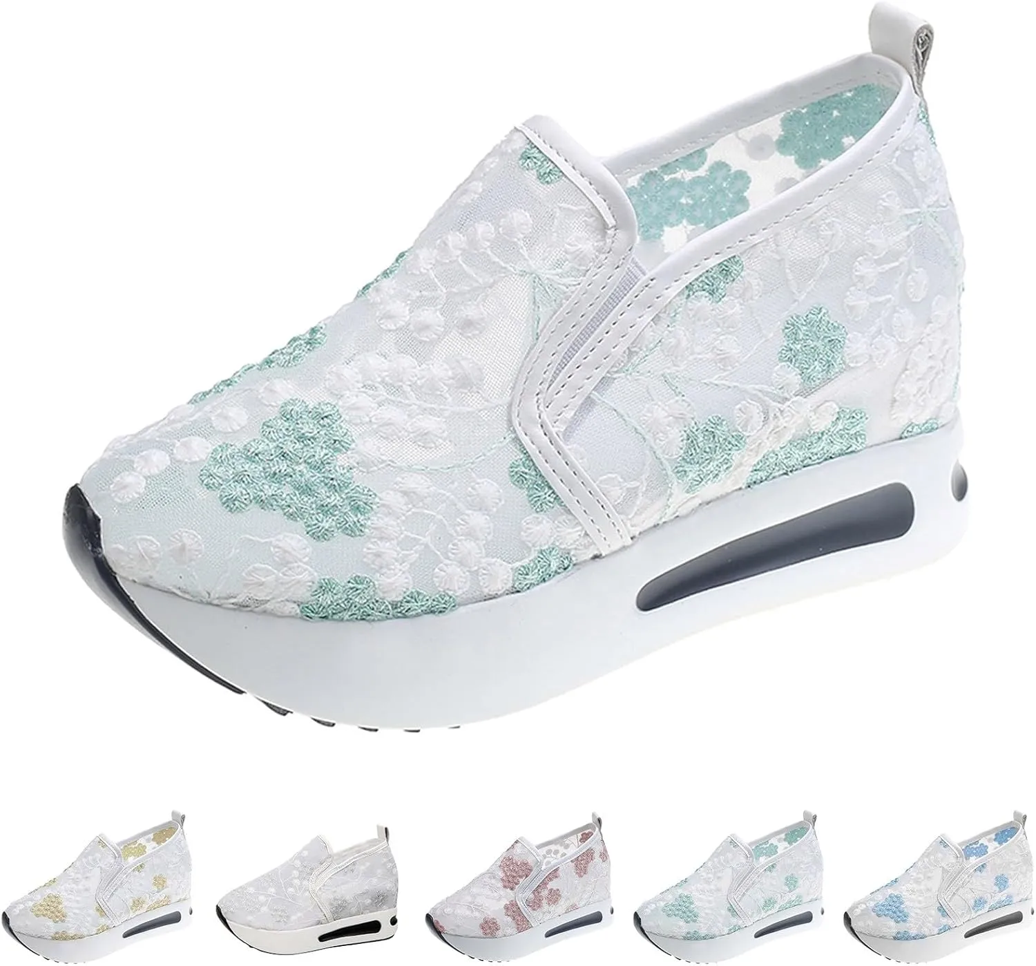Fashion Sneakers for Women 2025, Floral Embroidery Breathable Sheer Mesh Lace Sneakers Slip on Sneakers Platform Wedge Sneakers Dressy Casual Walking Shoes (a-Green, 8)
