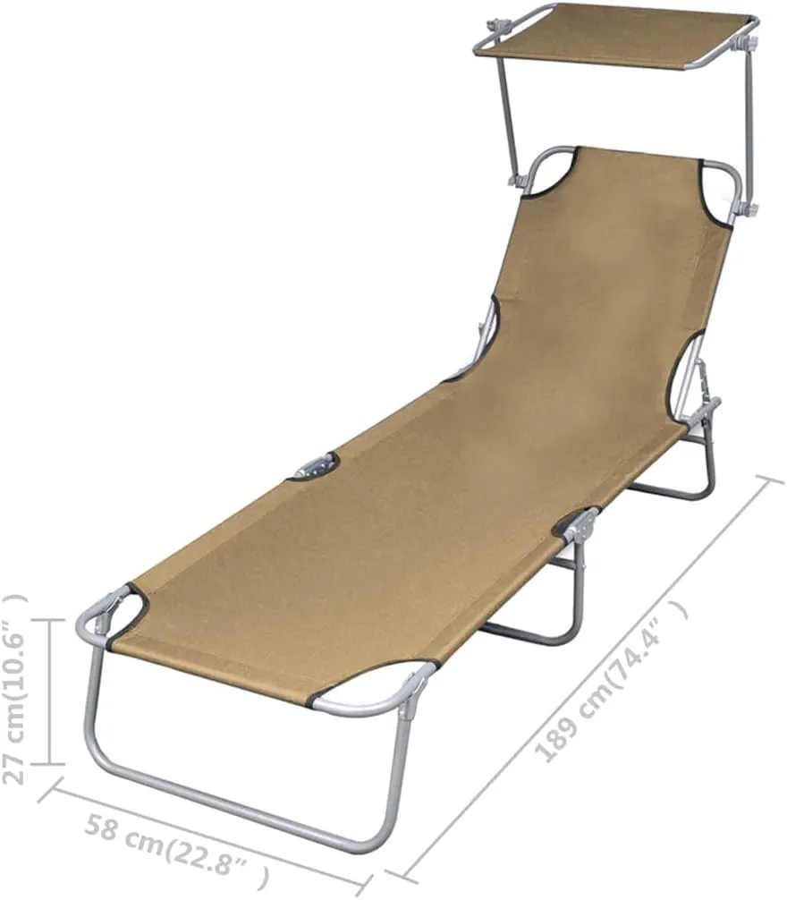 Folding Sun Lounger with Canopy Steel TaupeLuxury Sun Loungers with Adjustable Backrest and Cushioned Seat