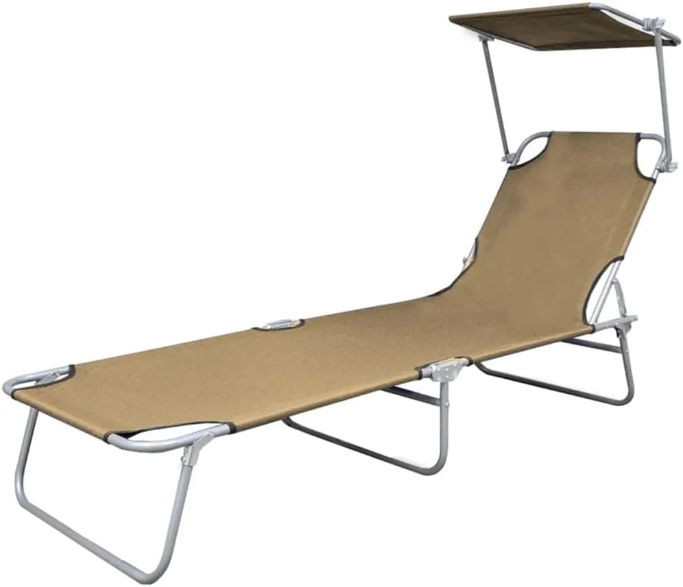 Folding Sun Lounger with Canopy Steel TaupeLuxury Sun Loungers with Adjustable Backrest and Cushioned Seat