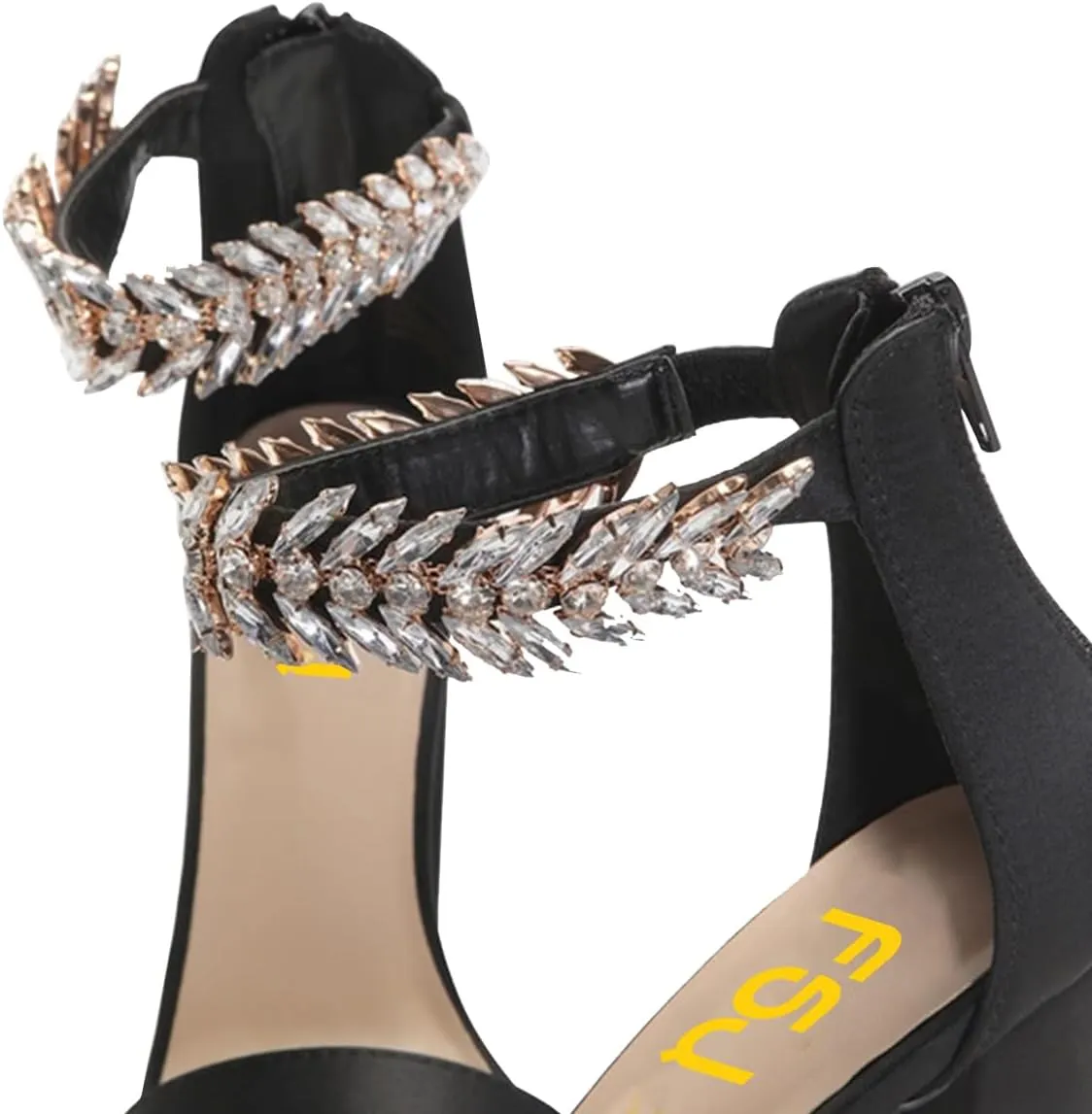 FSJ Women Classic Open Toe Chunky High Heel Sandal Embellished Crystal Ankle Strap Back Zipper Evening Pumps Dress Shoes Size 4-15 US
