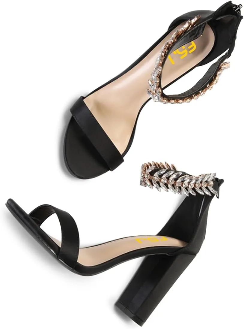 FSJ Women Classic Open Toe Chunky High Heel Sandal Embellished Crystal Ankle Strap Back Zipper Evening Pumps Dress Shoes Size 4-15 US
