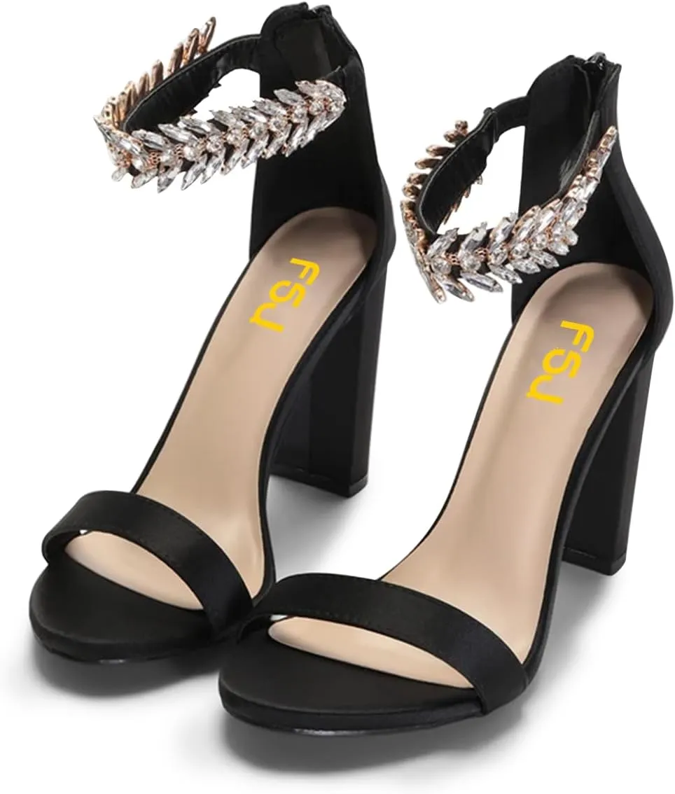 FSJ Women Classic Open Toe Chunky High Heel Sandal Embellished Crystal Ankle Strap Back Zipper Evening Pumps Dress Shoes Size 4-15 US