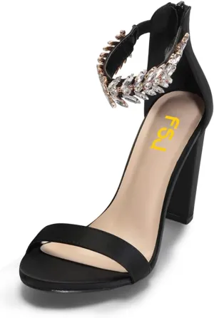 FSJ Women Classic Open Toe Chunky High Heel Sandal Embellished Crystal Ankle Strap Back Zipper Evening Pumps Dress Shoes Size 4-15 US