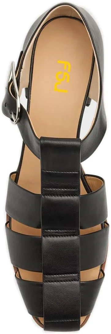 FSJ Women Closed Toe Low Chunky Heel Fisherman Sandals Hollow Cage Roman Gladiator Sandals Comfortable Ankle Strap Summer Daily Shoes Size 4-16 US