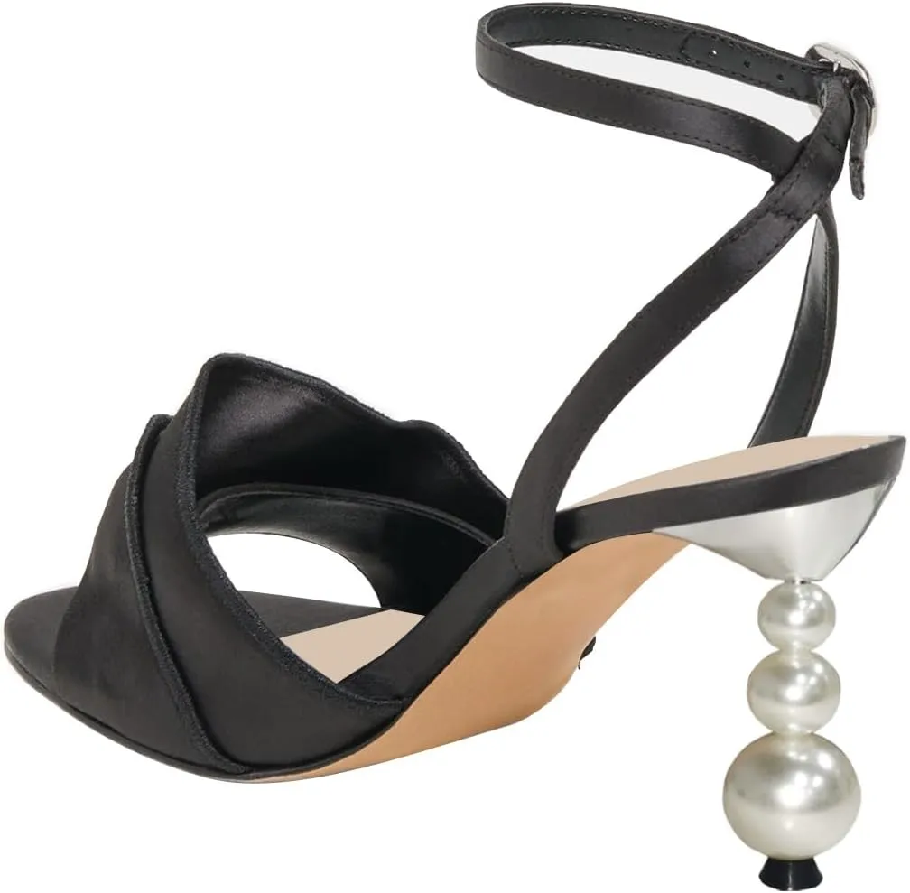 FSJ Women Cute Pearls Heeled Sandal Ankle Strap Beaded High Heel Open Toe Rippling Wedding Party Evening Dress Shoes Size 4-16 US