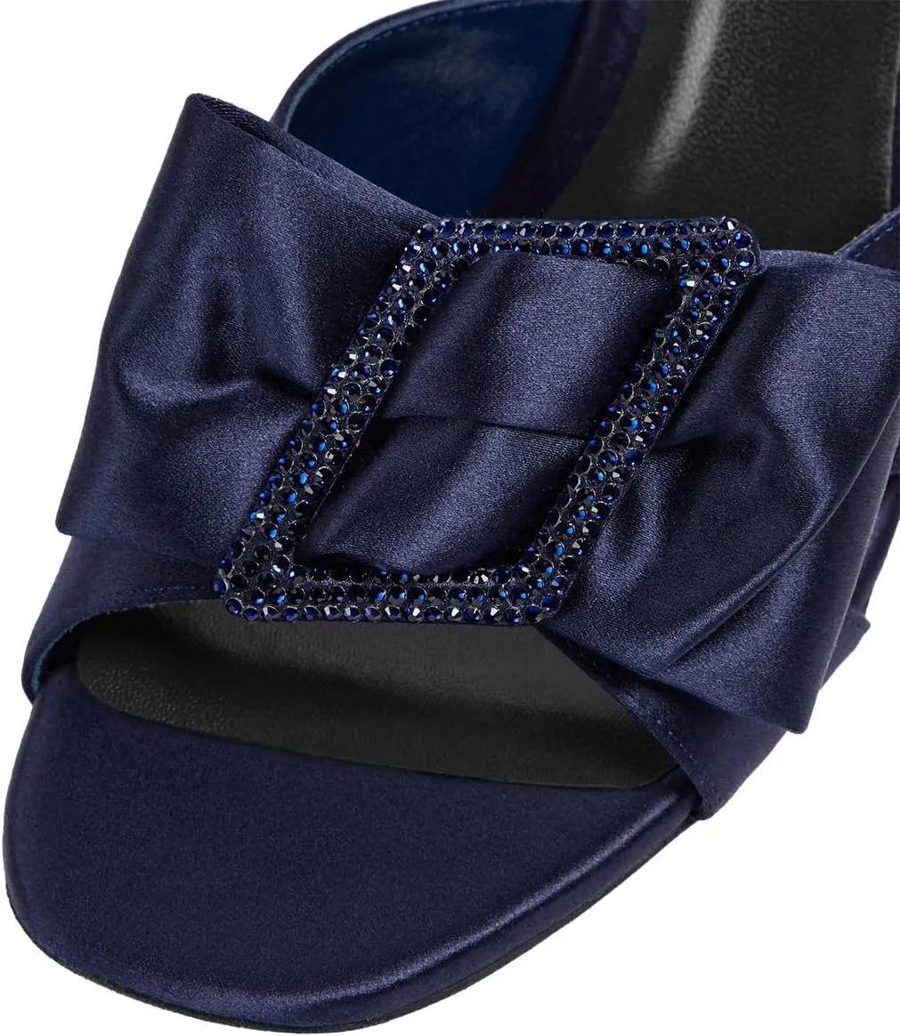 FSJ Women Elegant Open Toe Crystal Chunky High Heel Sandals with Bow Detail Embellished Ankle Strap Satin Pumps Evening Party Dance Wedding Shoes Size 4-16 US