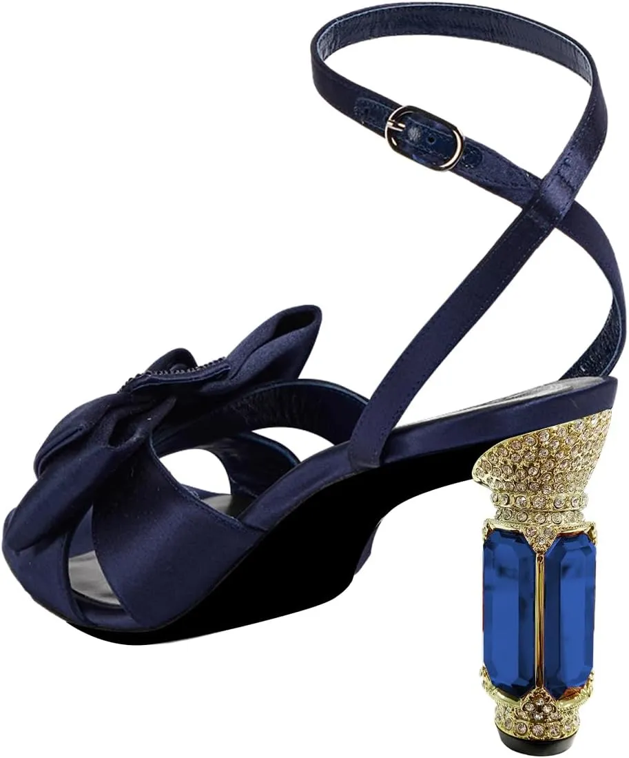 FSJ Women Elegant Open Toe Crystal Chunky High Heel Sandals with Bow Detail Embellished Ankle Strap Satin Pumps Evening Party Dance Wedding Shoes Size 4-16 US