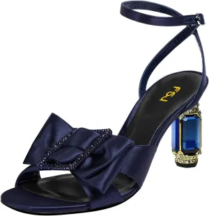 FSJ Women Elegant Open Toe Crystal Chunky High Heel Sandals with Bow Detail Embellished Ankle Strap Satin Pumps Evening Party Dance Wedding Shoes Size 4-16 US