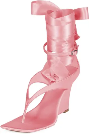 FSJ Women Flip Flop Wedge High Heel Sandals Lace-up Square Open Toe Adjustable Ribbon Tie Strappy Thong Party Club Shoes Size 4-16 US