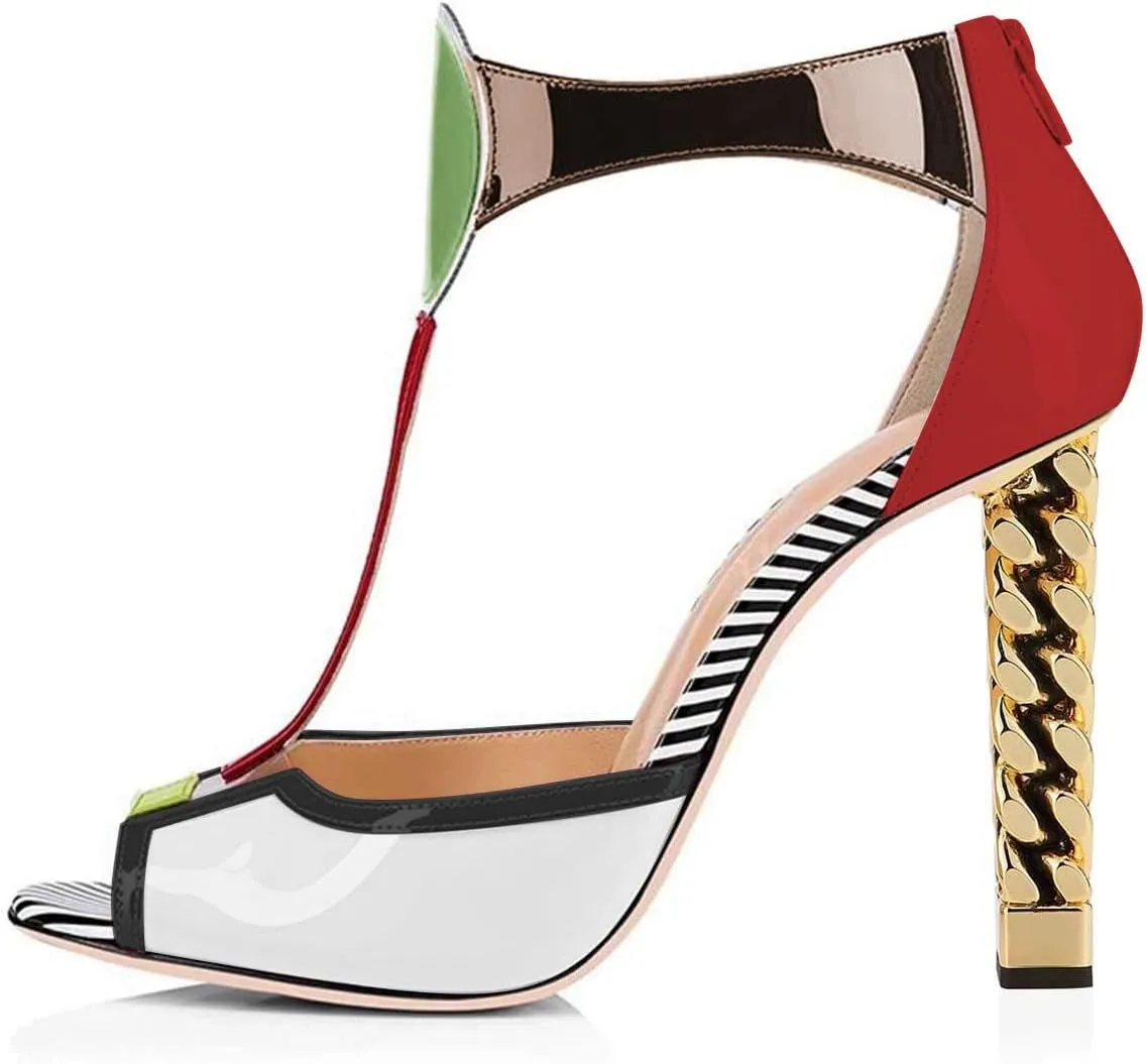 FSJ Women Multicolor Sandals Gold Metal Chain Thick High Heel Open Peep Toe T Strappy Ankle Strap Back Zipper Ladies Comfy Summer Dress Shoes 4-15 US
