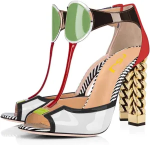 FSJ Women Multicolor Sandals Gold Metal Chain Thick High Heel Open Peep Toe T Strappy Ankle Strap Back Zipper Ladies Comfy Summer Dress Shoes 4-15 US