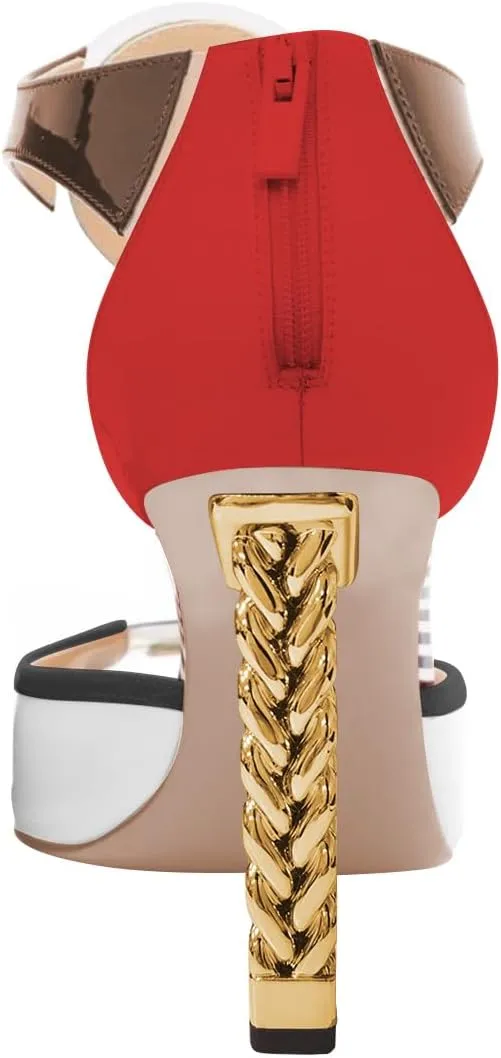 FSJ Women Multicolor Sandals Gold Metal Chain Thick High Heel Open Peep Toe T Strappy Ankle Strap Back Zipper Ladies Comfy Summer Dress Shoes 4-15 US