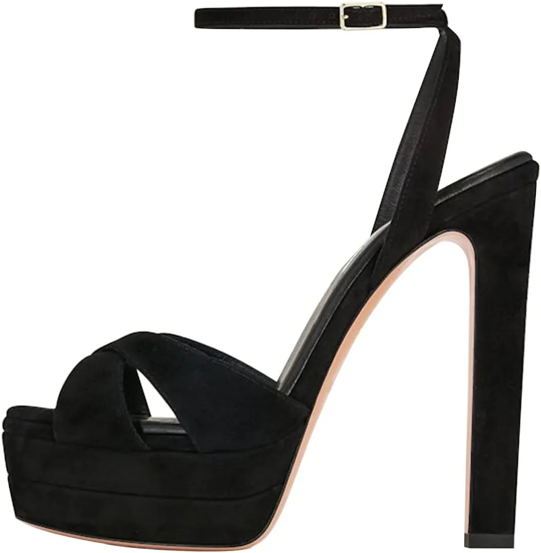 FSJ Women Peep Toe Platform Sandals Ankle Strap Chunky Block High Heel Buckled Classic Bridal Cocktail Party Prom Shoes Size 4-16 US
