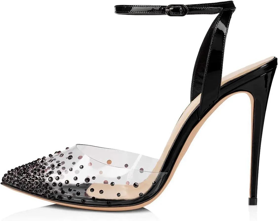 FSJ Women Pencil High Heel Spikes Studded Sandal Slip On D'Orsay Evening Pump Ankle Strap Clear Ballroom Dance Shoe Size 4-15 US
