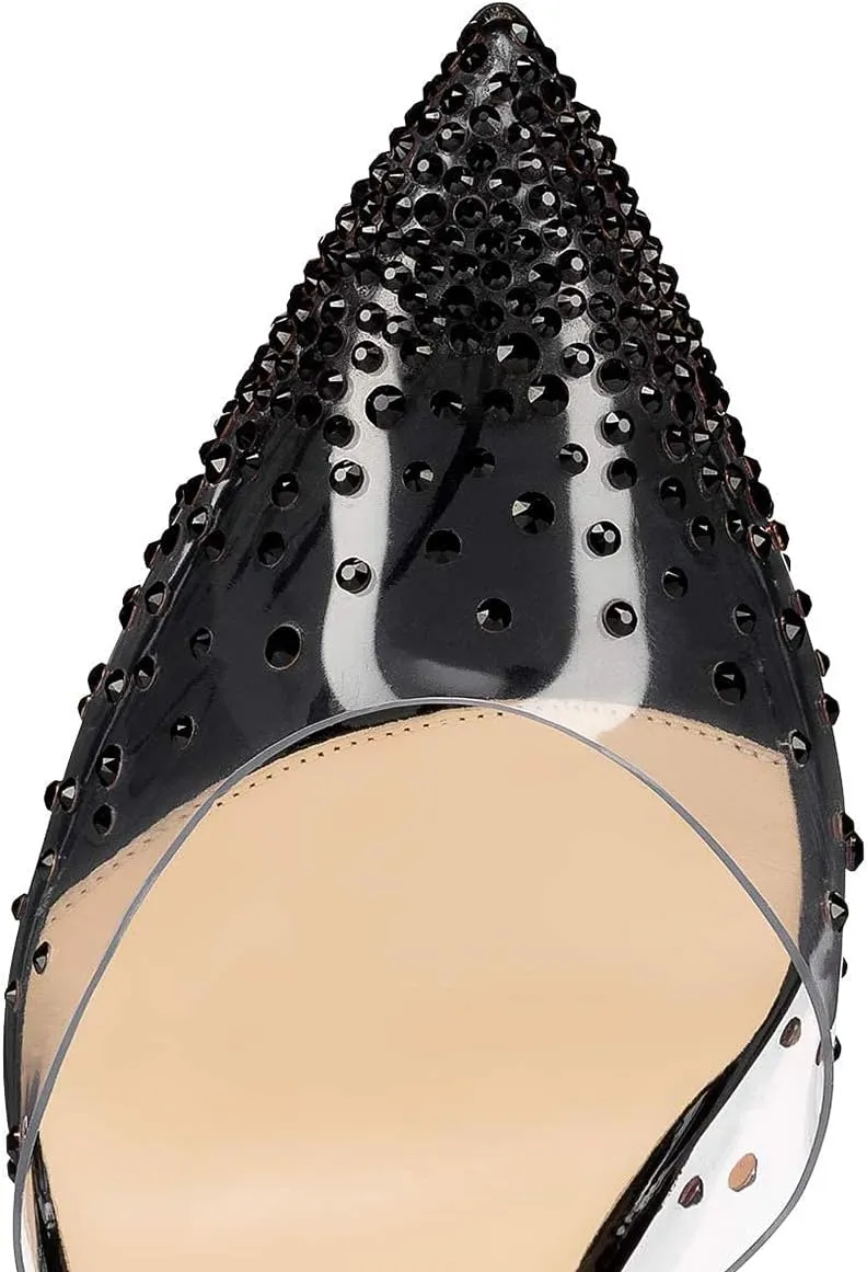 FSJ Women Pencil High Heel Spikes Studded Sandal Slip On D'Orsay Evening Pump Ankle Strap Clear Ballroom Dance Shoe Size 4-15 US