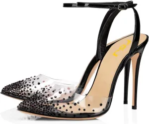 FSJ Women Pencil High Heel Spikes Studded Sandal Slip On D'Orsay Evening Pump Ankle Strap Clear Ballroom Dance Shoe Size 4-15 US