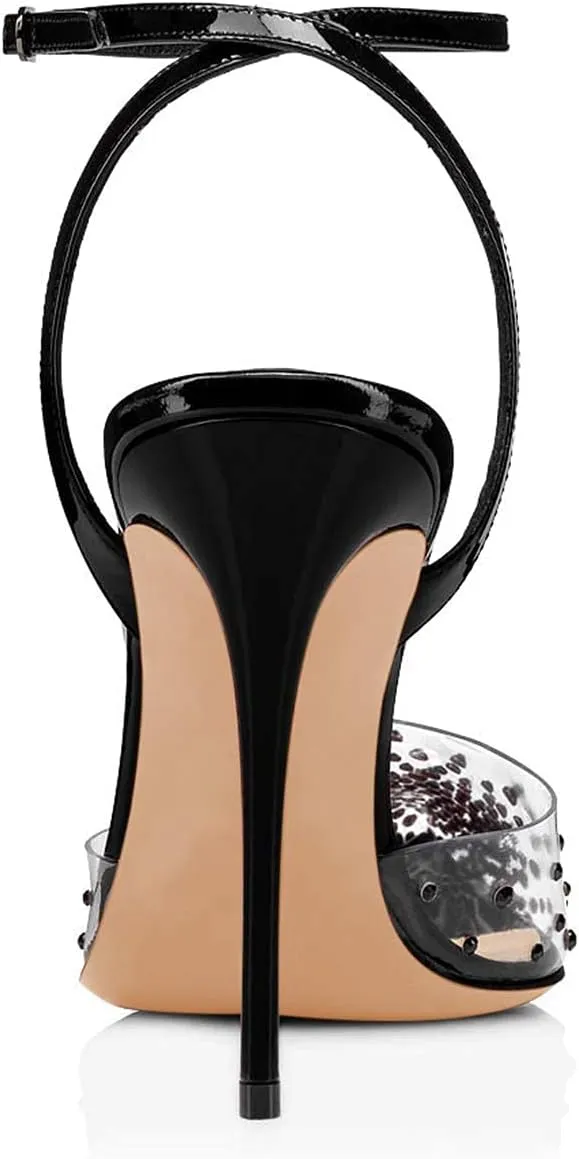 FSJ Women Pencil High Heel Spikes Studded Sandal Slip On D'Orsay Evening Pump Ankle Strap Clear Ballroom Dance Shoe Size 4-15 US