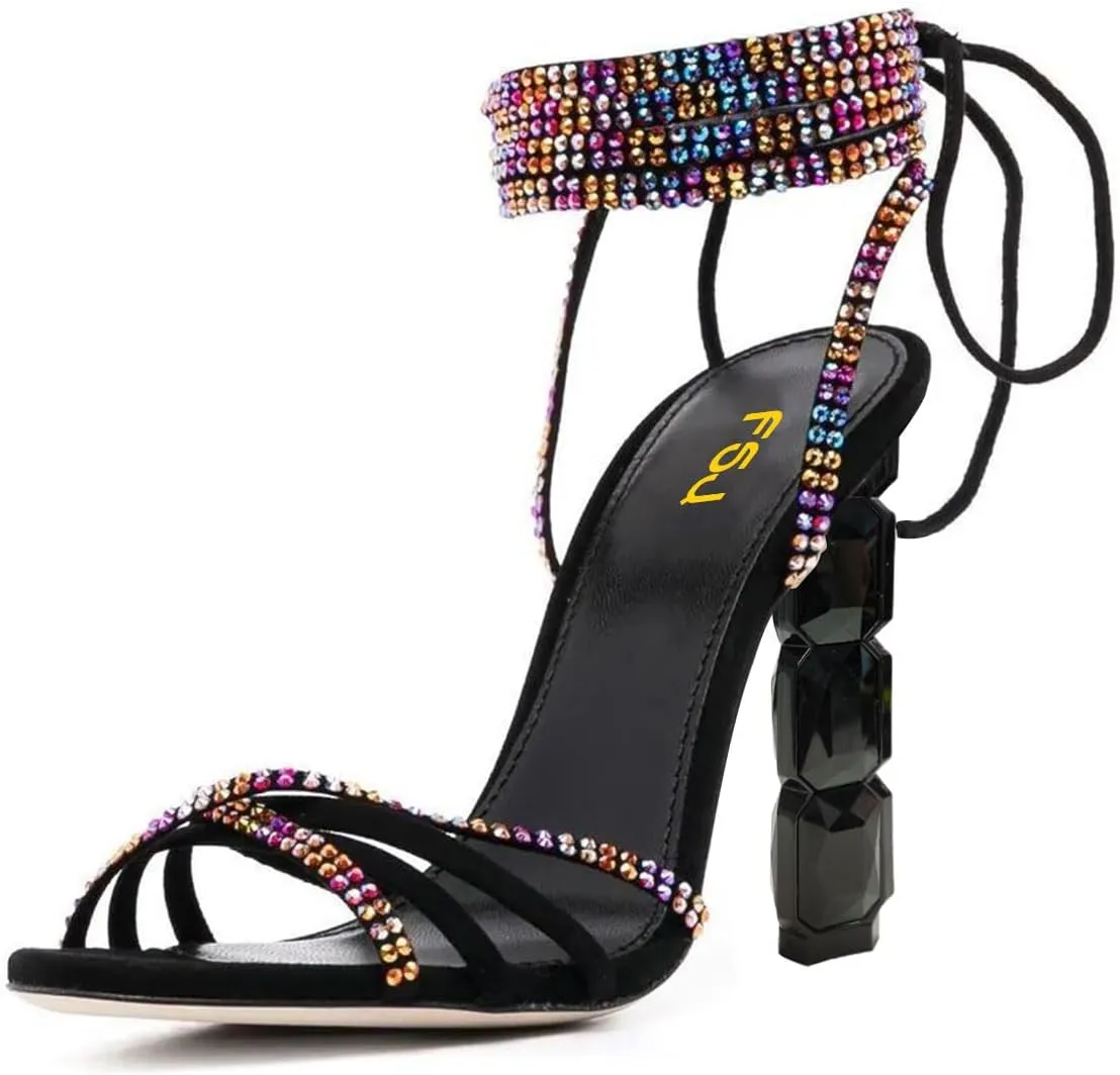 FSJ Women Rhinestones Strappy Jeweled Beaded Chunky High Heel Lace-up Sandals Open Toe Ankle Strap Block Heel Sparkly Party Evening Dress Shoes Size 4-16 US