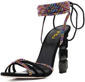 FSJ Women Rhinestones Strappy Jeweled Beaded Chunky High Heel Lace-up Sandals Open Toe Ankle Strap Block Heel Sparkly Party Evening Dress Shoes Size 4-16 US