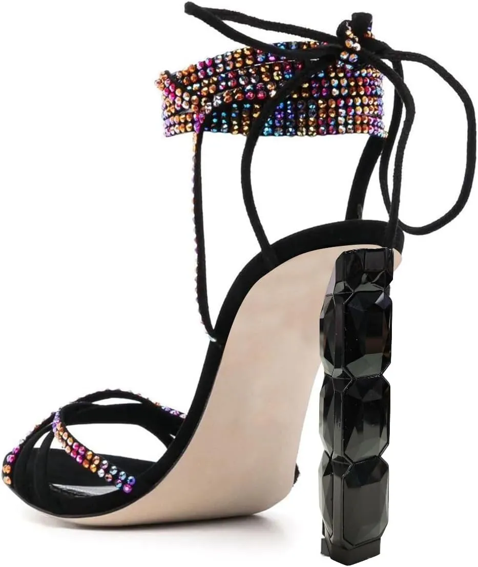 FSJ Women Rhinestones Strappy Jeweled Beaded Chunky High Heel Lace-up Sandals Open Toe Ankle Strap Block Heel Sparkly Party Evening Dress Shoes Size 4-16 US