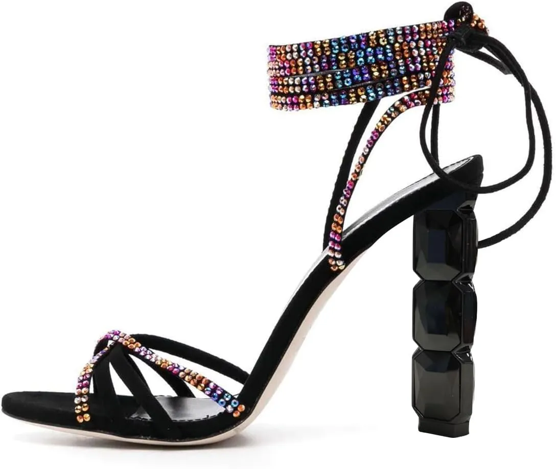FSJ Women Rhinestones Strappy Jeweled Beaded Chunky High Heel Lace-up Sandals Open Toe Ankle Strap Block Heel Sparkly Party Evening Dress Shoes Size 4-16 US