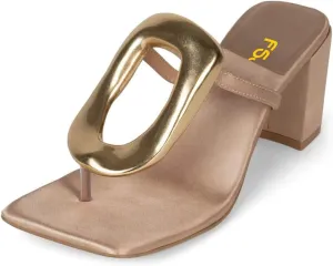 FSJ Women Square Open Toe Heeled Sandals Chunky Block Heel Flip Flops Slip On Gold Detail Thong Sandals Comfy Summer Fashion Slides Size 4-16 US