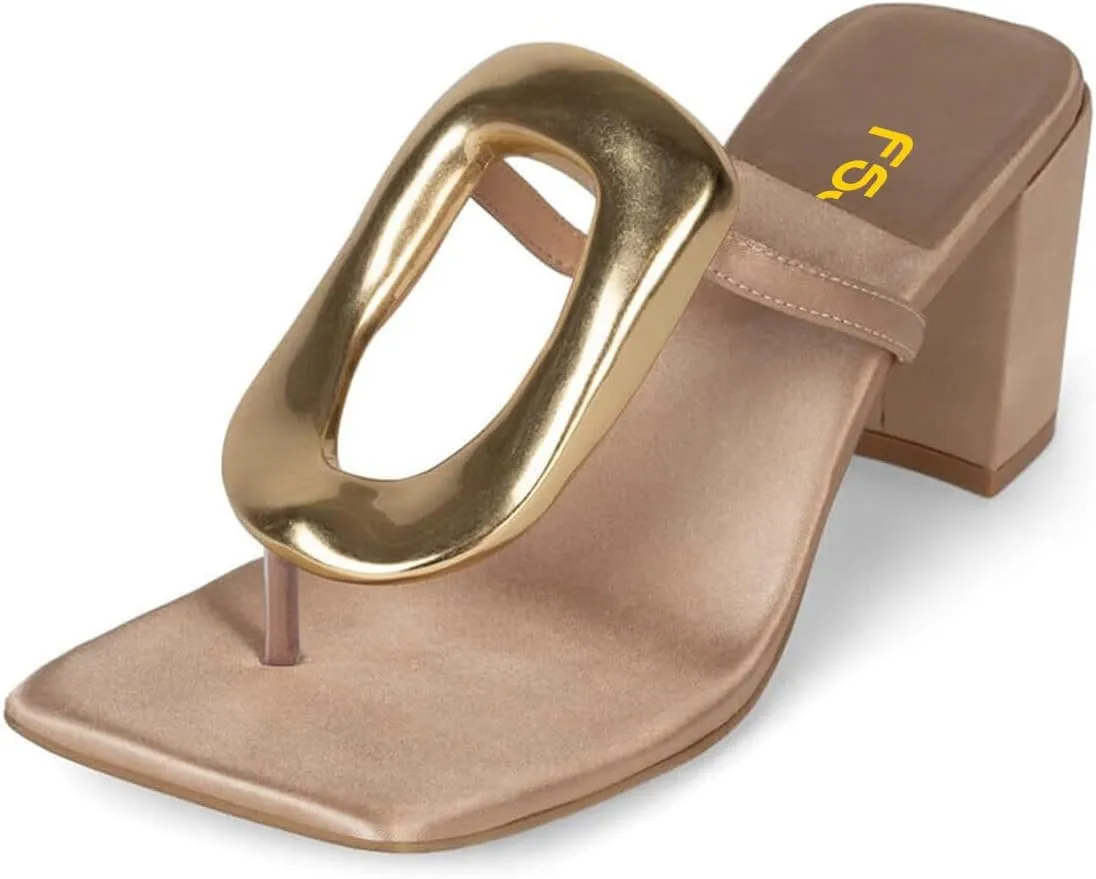 FSJ Women Square Open Toe Heeled Sandals Chunky Block Heel Flip Flops Slip On Gold Detail Thong Sandals Comfy Summer Fashion Slides Size 4-16 US