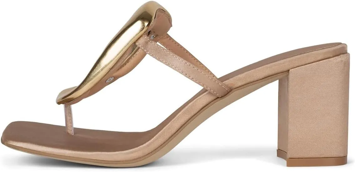 FSJ Women Square Open Toe Heeled Sandals Chunky Block Heel Flip Flops Slip On Gold Detail Thong Sandals Comfy Summer Fashion Slides Size 4-16 US