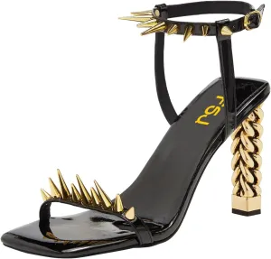 FSJ Women Strappy Sandals with Spikes Heel Gold Chain Chunky High Heel Square Open Toe Ankle Strap Sandals Rivet Studded Party Shopping Holiday Shoes Size 4-16 US