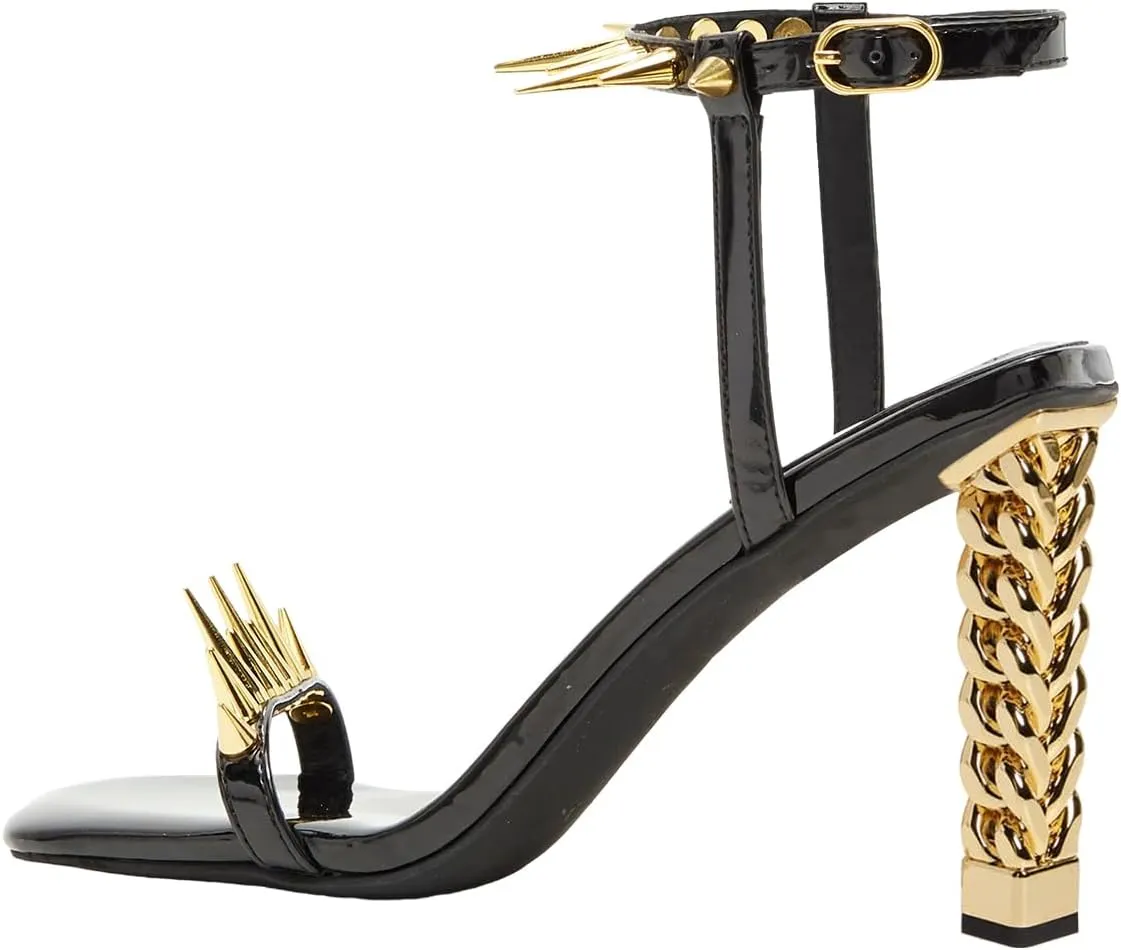 FSJ Women Strappy Sandals with Spikes Heel Gold Chain Chunky High Heel Square Open Toe Ankle Strap Sandals Rivet Studded Party Shopping Holiday Shoes Size 4-16 US