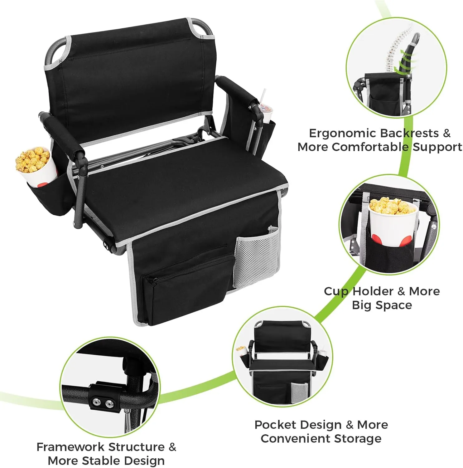 FUNDANGO Portable Stadium Seats with Back Support, Folding 2 in 1 Wide Bleacher Chair with Large Pocket and Cup Holder for Sport Events Concerts