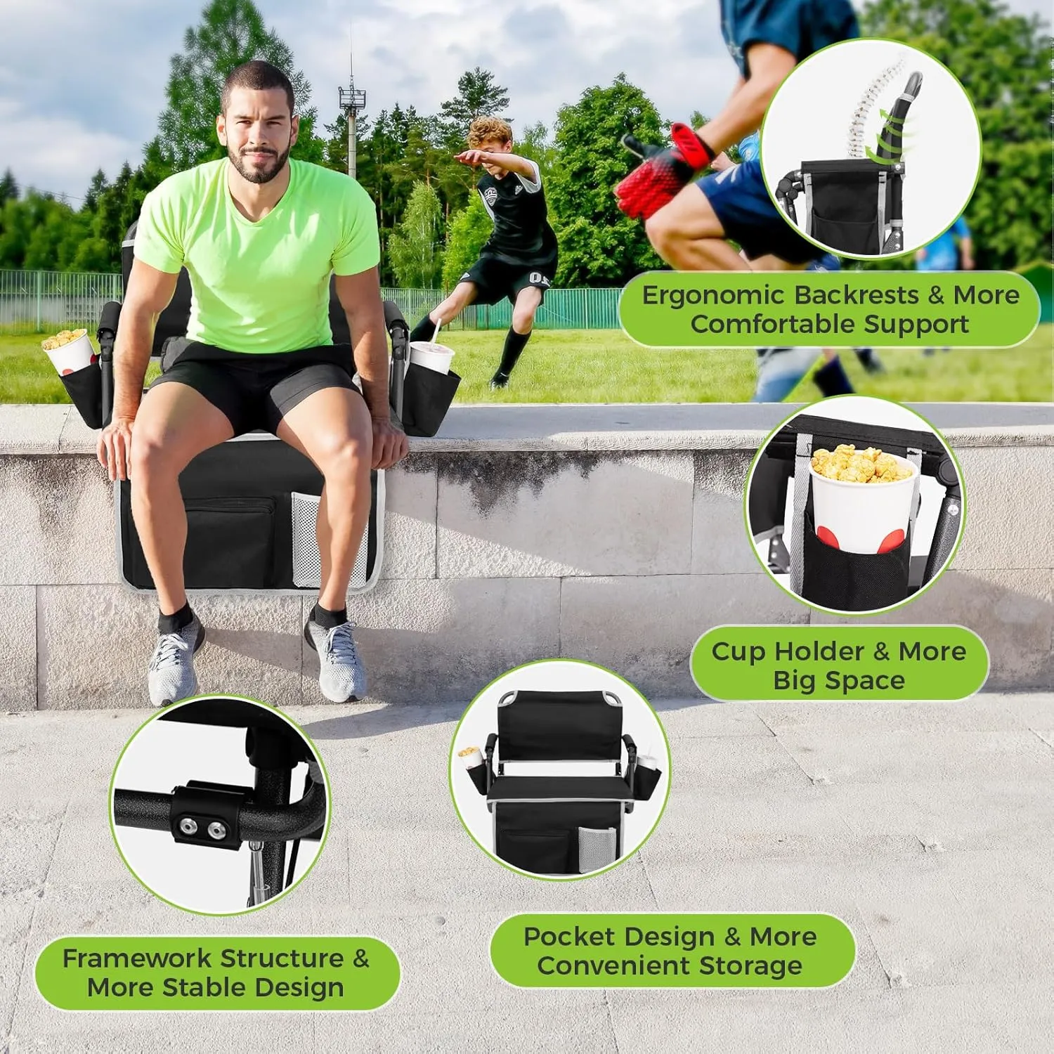 FUNDANGO Portable Stadium Seats with Back Support, Folding 2 in 1 Wide Bleacher Chair with Large Pocket and Cup Holder for Sport Events Concerts