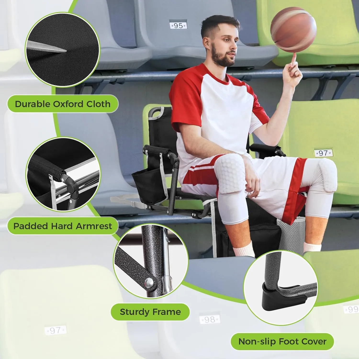 FUNDANGO Portable Stadium Seats with Back Support, Folding 2 in 1 Wide Bleacher Chair with Large Pocket and Cup Holder for Sport Events Concerts