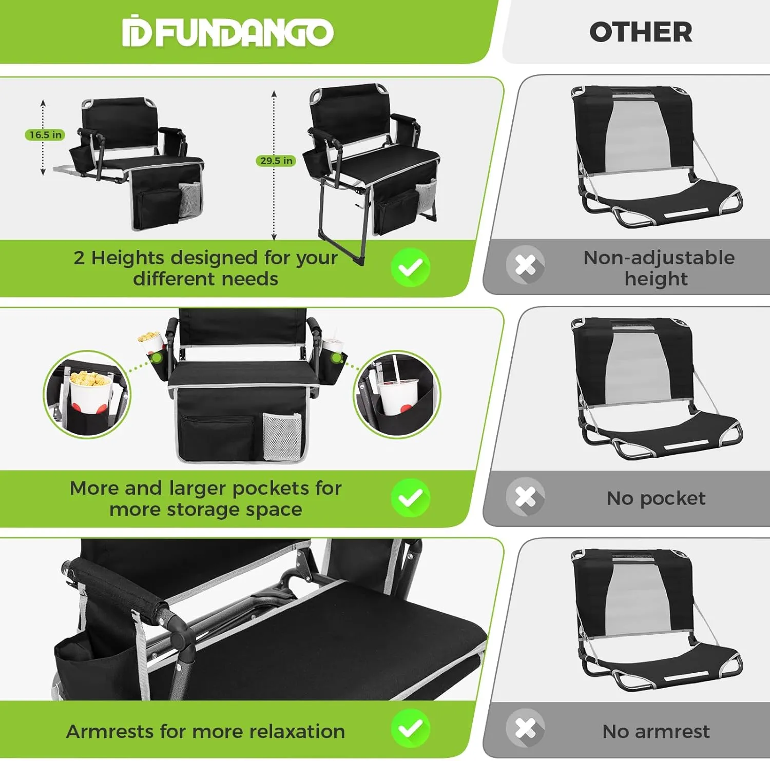 FUNDANGO Portable Stadium Seats with Back Support, Folding 2 in 1 Wide Bleacher Chair with Large Pocket and Cup Holder for Sport Events Concerts