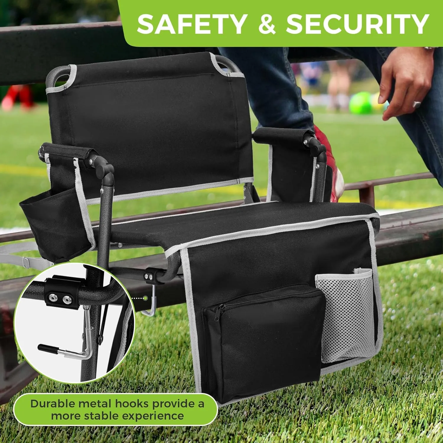 FUNDANGO Portable Stadium Seats with Back Support, Folding 2 in 1 Wide Bleacher Chair with Large Pocket and Cup Holder for Sport Events Concerts