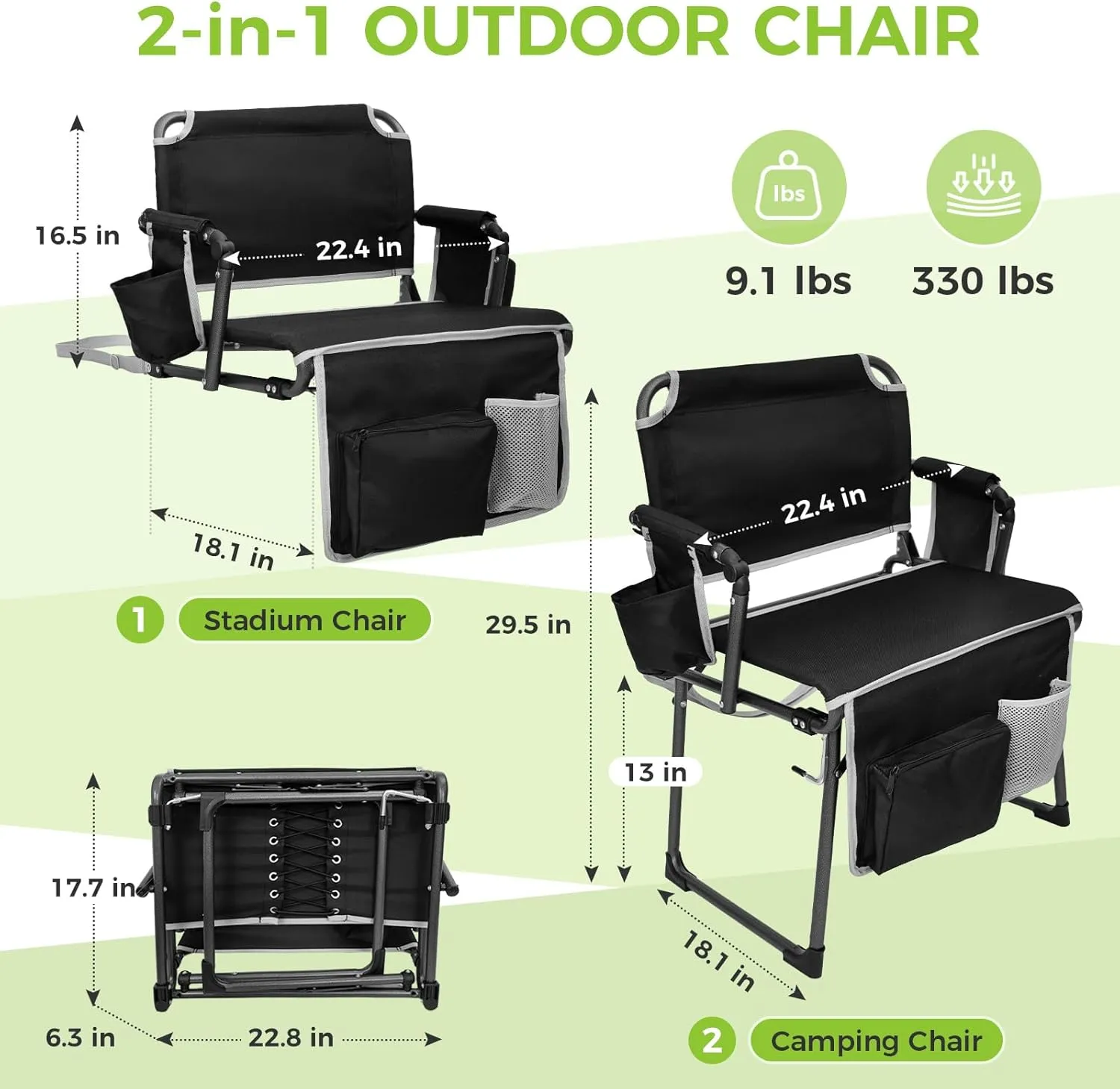 FUNDANGO Portable Stadium Seats with Back Support, Folding 2 in 1 Wide Bleacher Chair with Large Pocket and Cup Holder for Sport Events Concerts