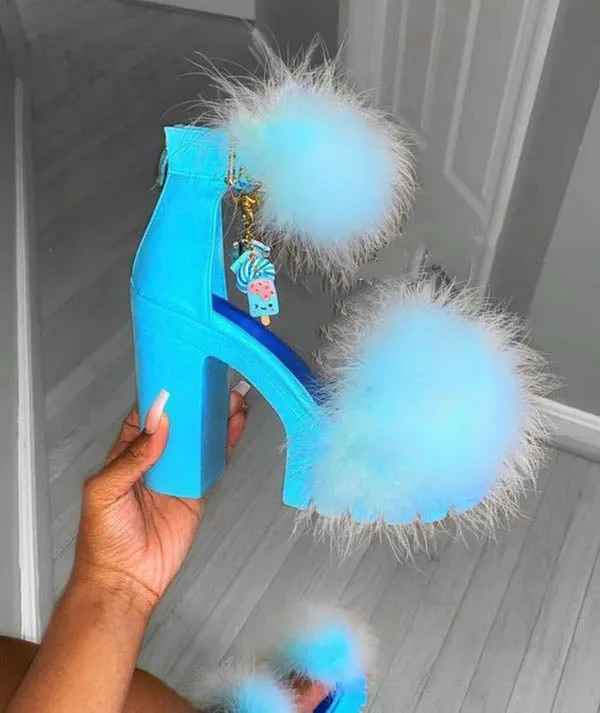 Furry Chunky Heel Sandal