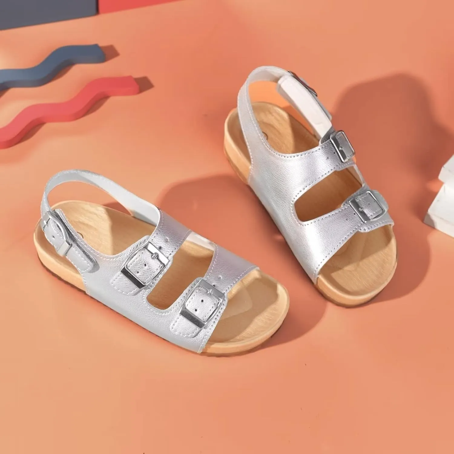 Girls Boys Sandal Adjustable Double Buckle Casual Flat Open Toe Lightweight Summer Shoes Hook Loop Sandal for Toddler Little Big Kid