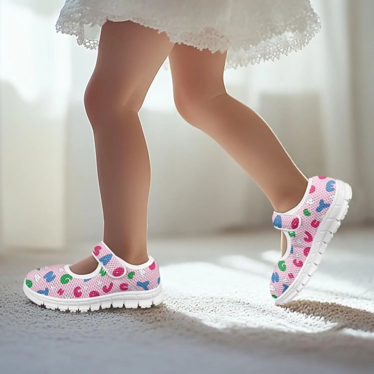 Girls Casual Shoes with Strap,Printed Sneaker for Toddlers Kids,Comfort Anti-Slip Walking Shoes for Indoor Outdoor