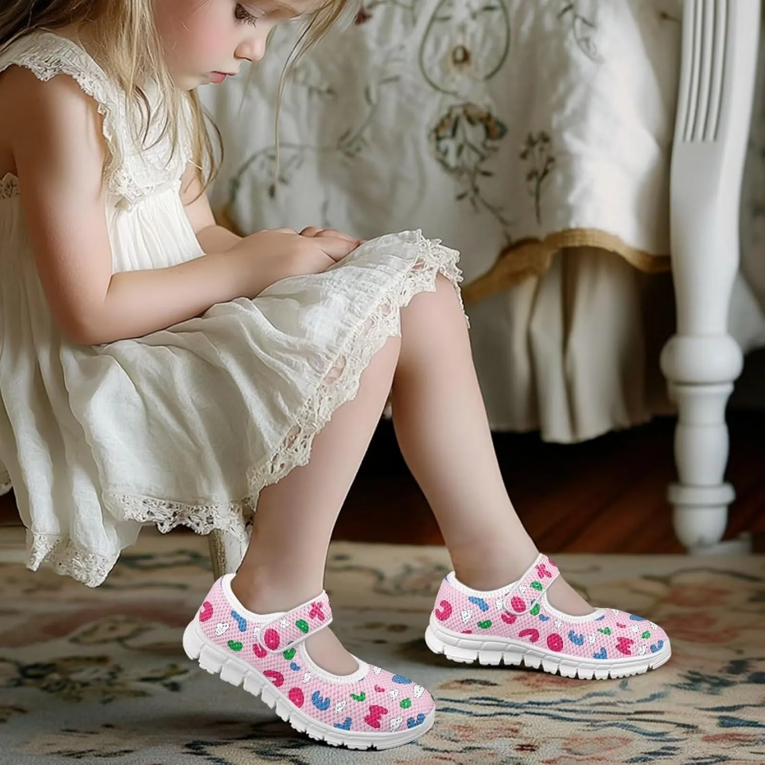 Girls Casual Shoes with Strap,Printed Sneaker for Toddlers Kids,Comfort Anti-Slip Walking Shoes for Indoor Outdoor