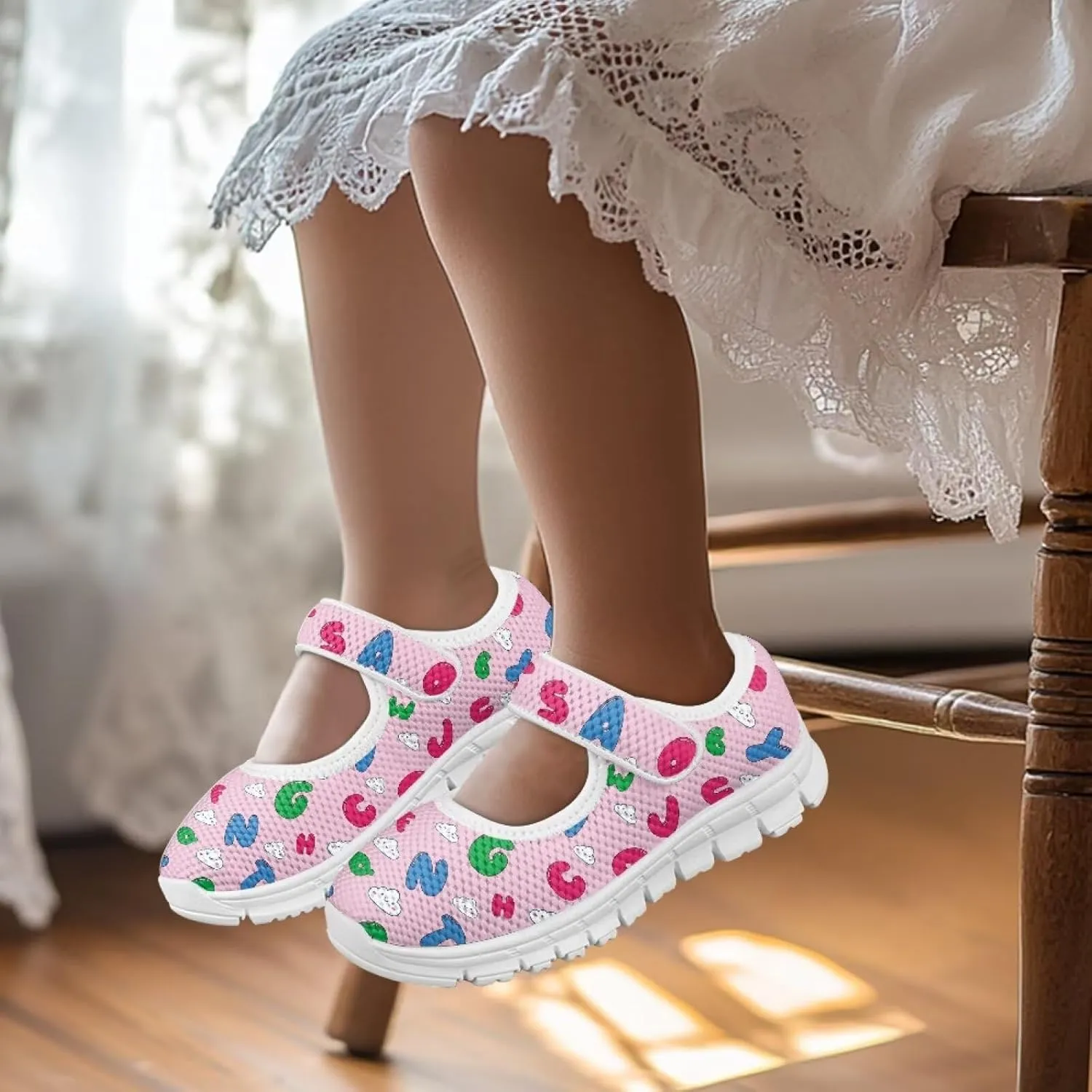 Girls Casual Shoes with Strap,Printed Sneaker for Toddlers Kids,Comfort Anti-Slip Walking Shoes for Indoor Outdoor