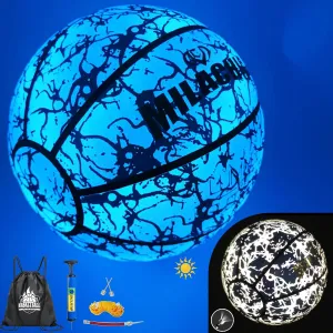 Glow in The Dark Holographic Basketball - Official Size 7 Indoor Outdoor Luminous Glowing Leather Basketball 29.5" - with Pump