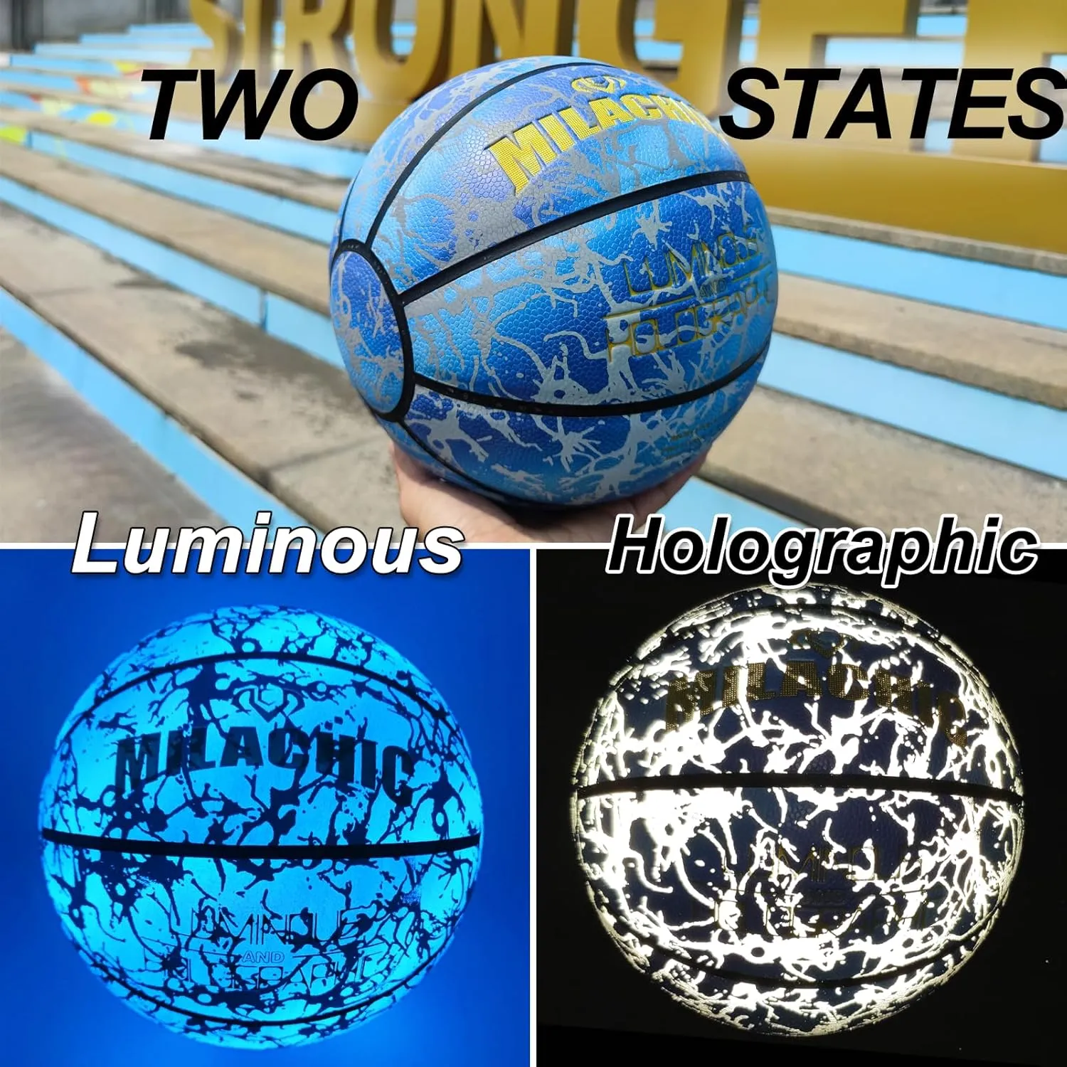 Glow in The Dark Holographic Basketball - Official Size 7 Indoor Outdoor Luminous Glowing Leather Basketball 29.5" - with Pump
