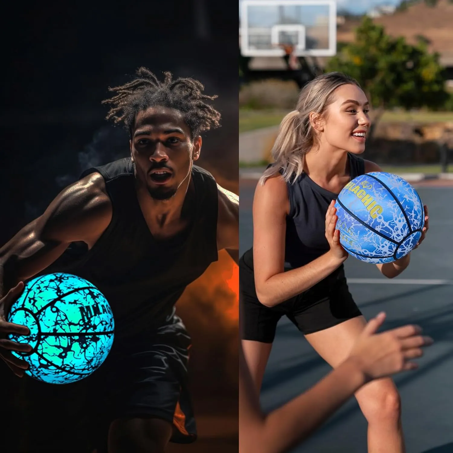 Glow in The Dark Holographic Basketball - Official Size 7 Indoor Outdoor Luminous Glowing Leather Basketball 29.5" - with Pump